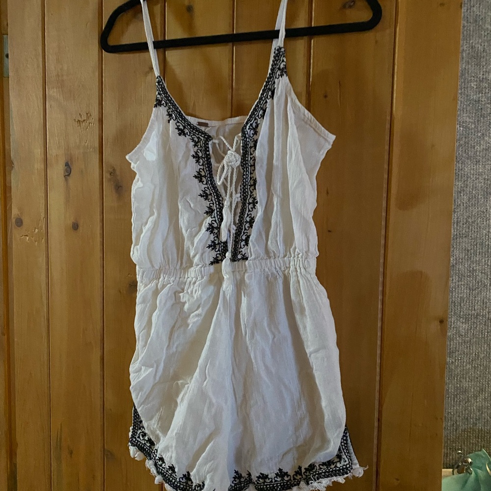 White Romper with Black Lace Trim